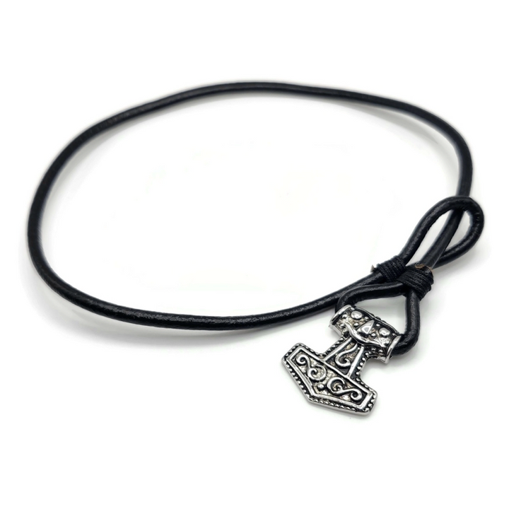 Wear Thor's hammer as a necklace or bracelet. black leather cord. 