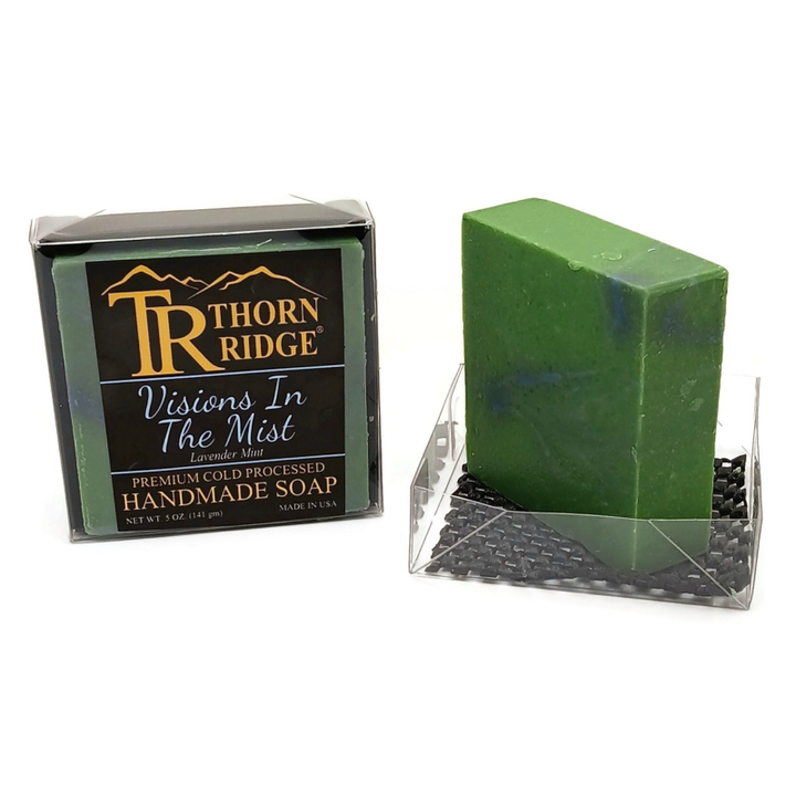 Packaging of Thorn Ridge soap labeled "Visions In The Mist," described as lavender mint, premium cold processed, handmade, 5 oz. Made in USA.