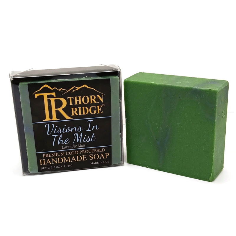 Packaging of Thorn Ridge soap labeled "Visions In The Mist," described as lavender mint, premium cold processed, handmade, 5 oz. Made in USA.