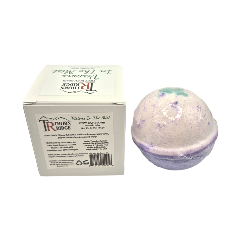 Visions In The Mist bath bomb back with box packaging.