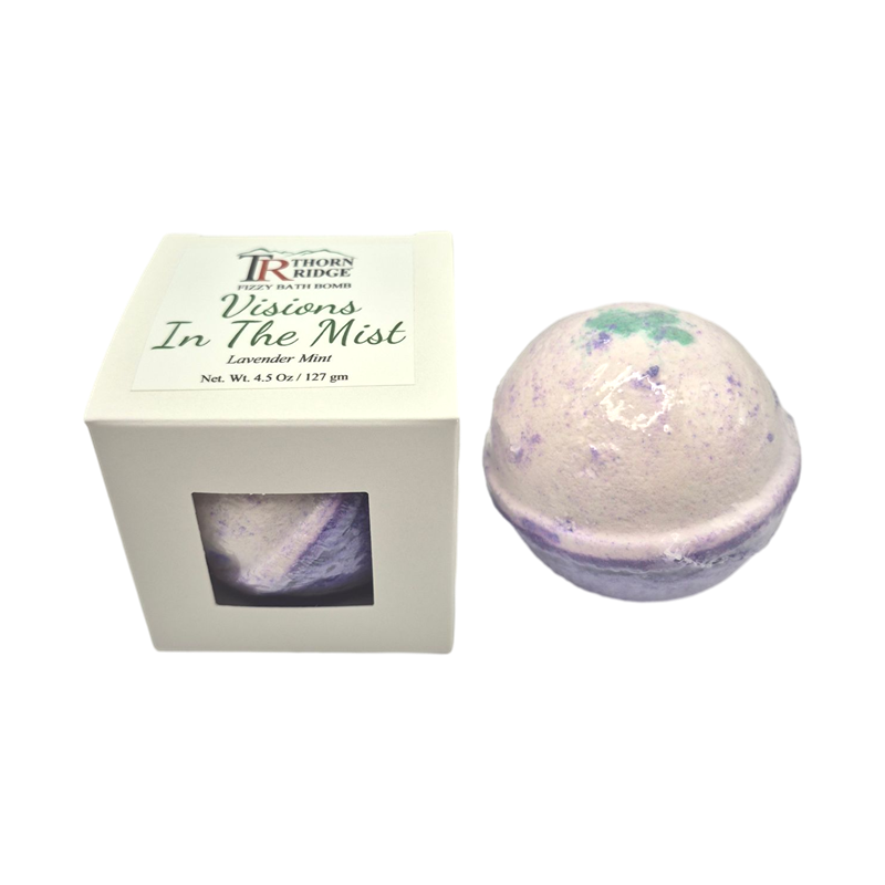 Visions In The Mist bath bomb front with box packaging.
