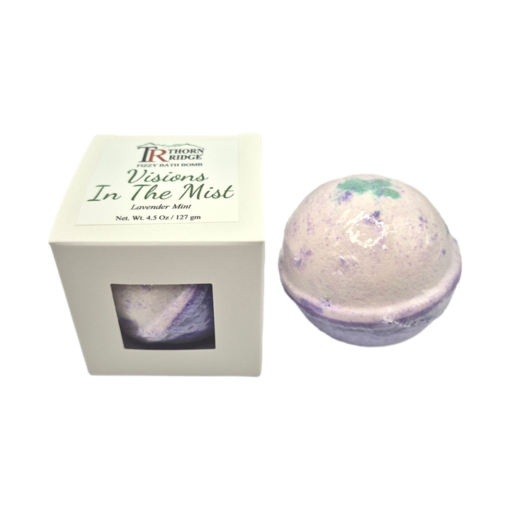 Visions In The Mist bath bomb front with box packaging.