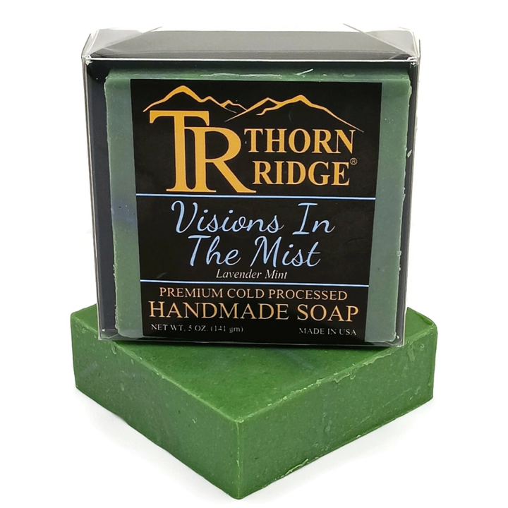 Packaging of Thorn Ridge soap labeled "Visions In The Mist," described as lavender mint, premium cold processed, handmade, 5 oz. Made in USA.