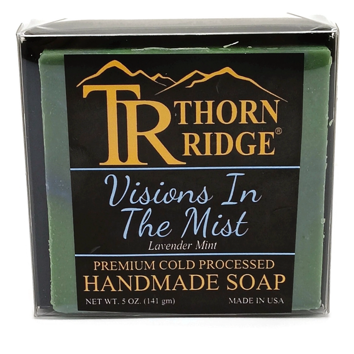 Packaging of Thorn Ridge soap labeled "Visions In The Mist," described as lavender mint, premium cold processed, handmade, 5 oz. Made in USA.