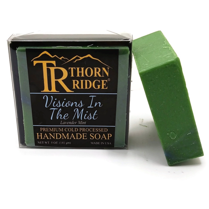 Packaging of Thorn Ridge soap labeled "Visions In The Mist," described as lavender mint, premium cold processed, handmade, 5 oz. Made in USA.