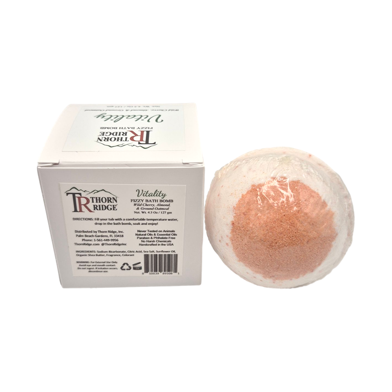 Vitality bath bomb back with box packaging.