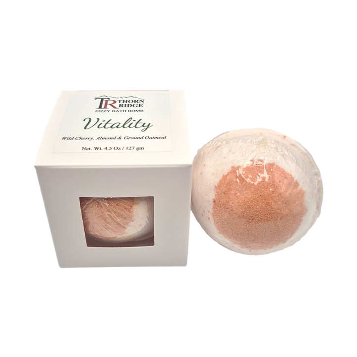 Vitality bath bomb front with box packaging.