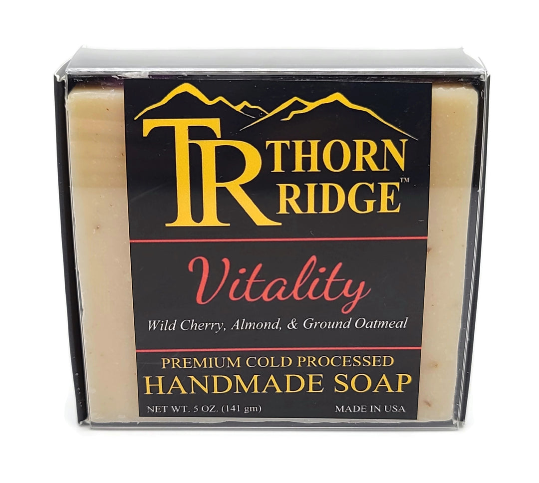 Packaging of Thorn Ridge soap labeled "Vitality," described as wild cherry, almond, ground oatmeal, premium cold processed, handmade, 5 oz. Made in USA.