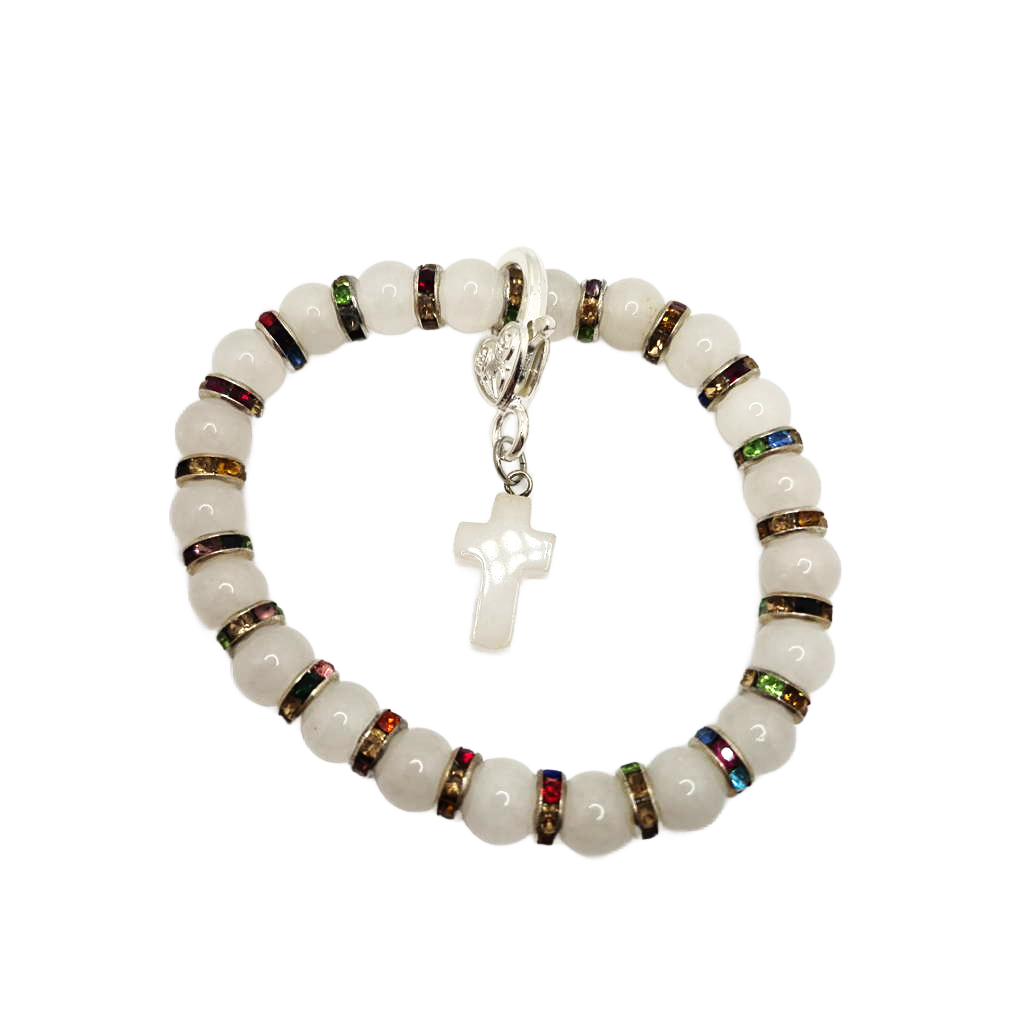 8" White jade 8mm stone bracelet with vintage colorful spacers and a vintage white jade cross that is detachable and has a heart lobster claw connector to the bracelet. Handcrafted.