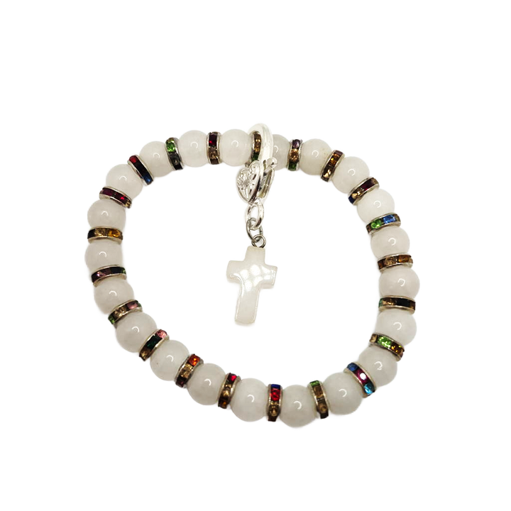 8" White jade 8mm stone bracelet with vintage colorful spacers and a vintage white jade cross that is detachable and has a heart lobster claw connector to the bracelet. Handcrafted.