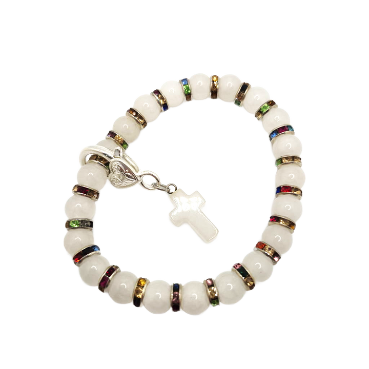 8" White jade 8mm stone bracelet with vintage colorful spacers and a vintage white jade cross that is detachable and has a heart lobster claw connector to the bracelet. Handcrafted.