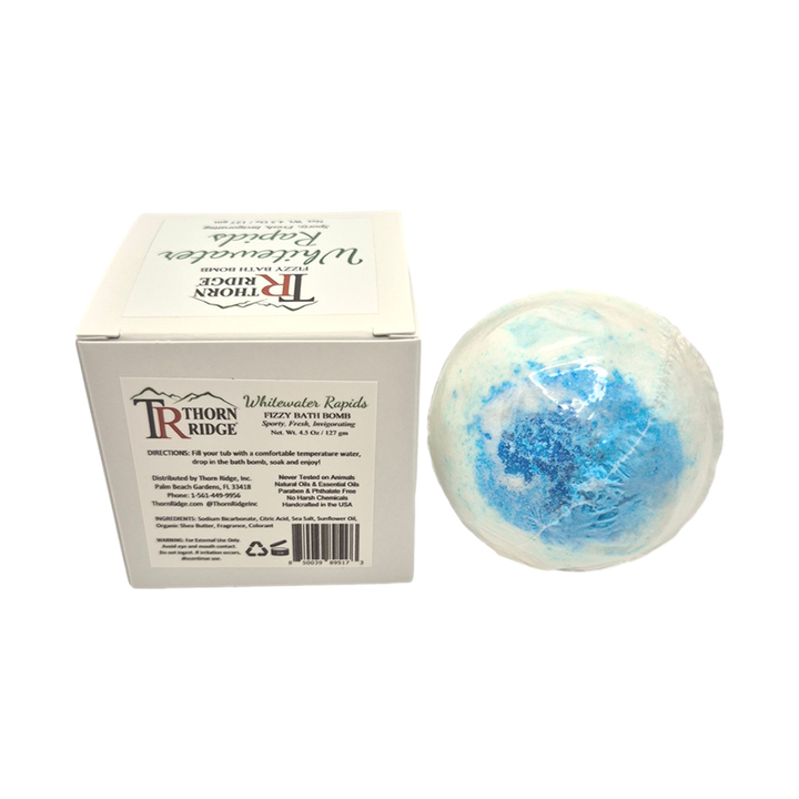 Whitewater Rapids bath bomb back with box packaging.