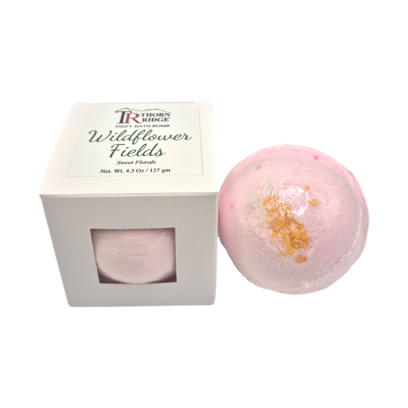 Wildflower Fields bath bomb front with box packaging.