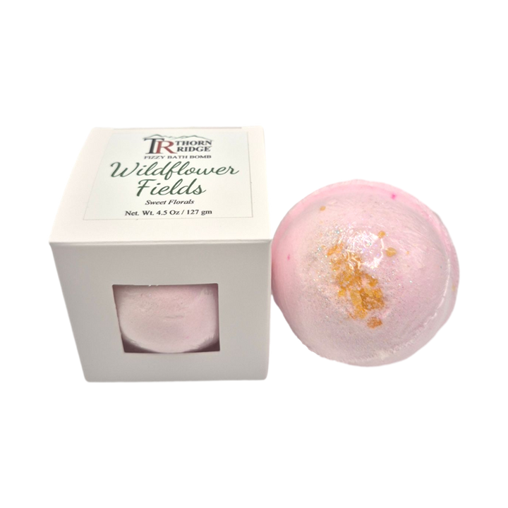 Wildflower Fields bath bomb front with box packaging.