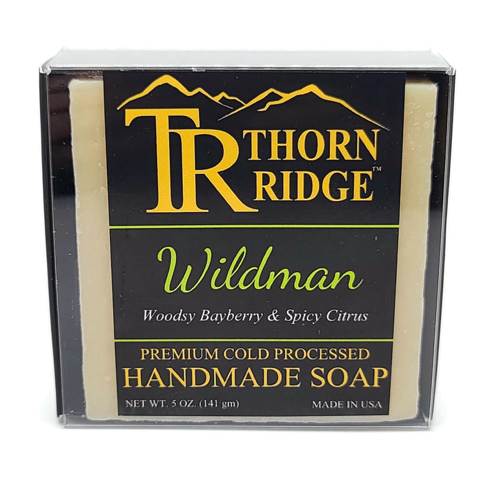 Packaging of Thorn Ridge soap labeled "Wildman," described as woodsy, bayberry, spicy citrus, premium cold processed, handmade, 5 oz. Made in USA.