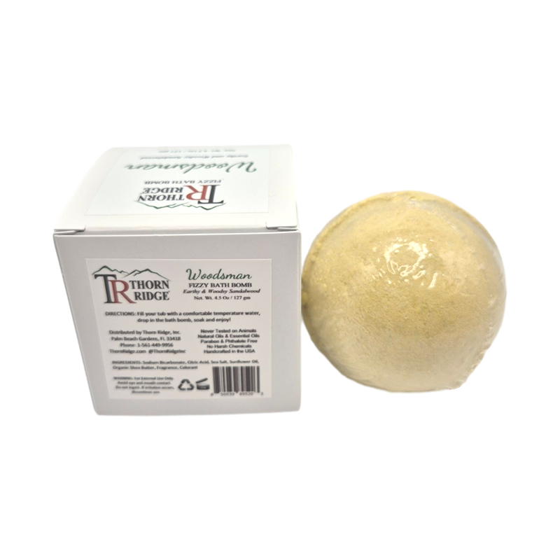 Woodsman bath bomb back with box packaging.