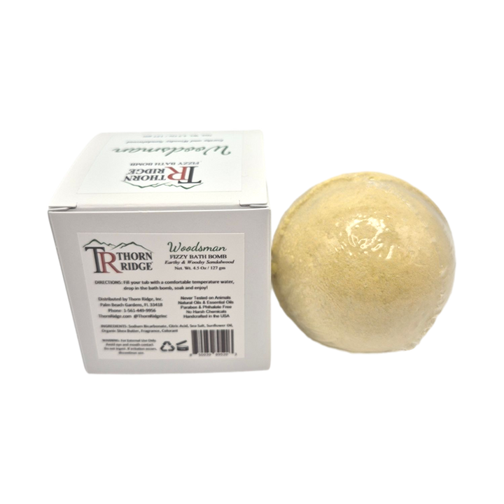 Woodsman bath bomb back with box packaging.