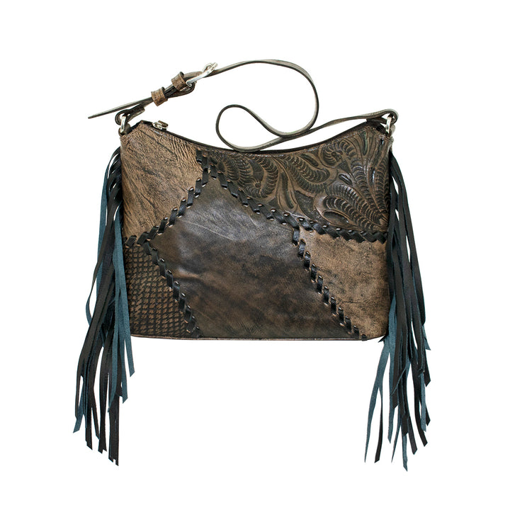 Gypsy Patch Zip Top Shoulder Bag Distressed Charcoal