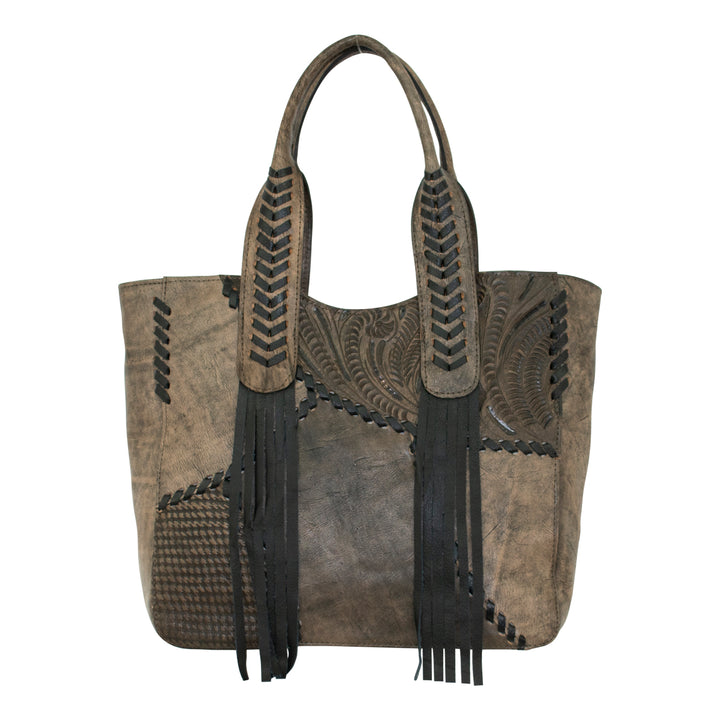 American West handbag purse described as Gypsy Patch Large Zip-Top Tote Distressed Charcoal