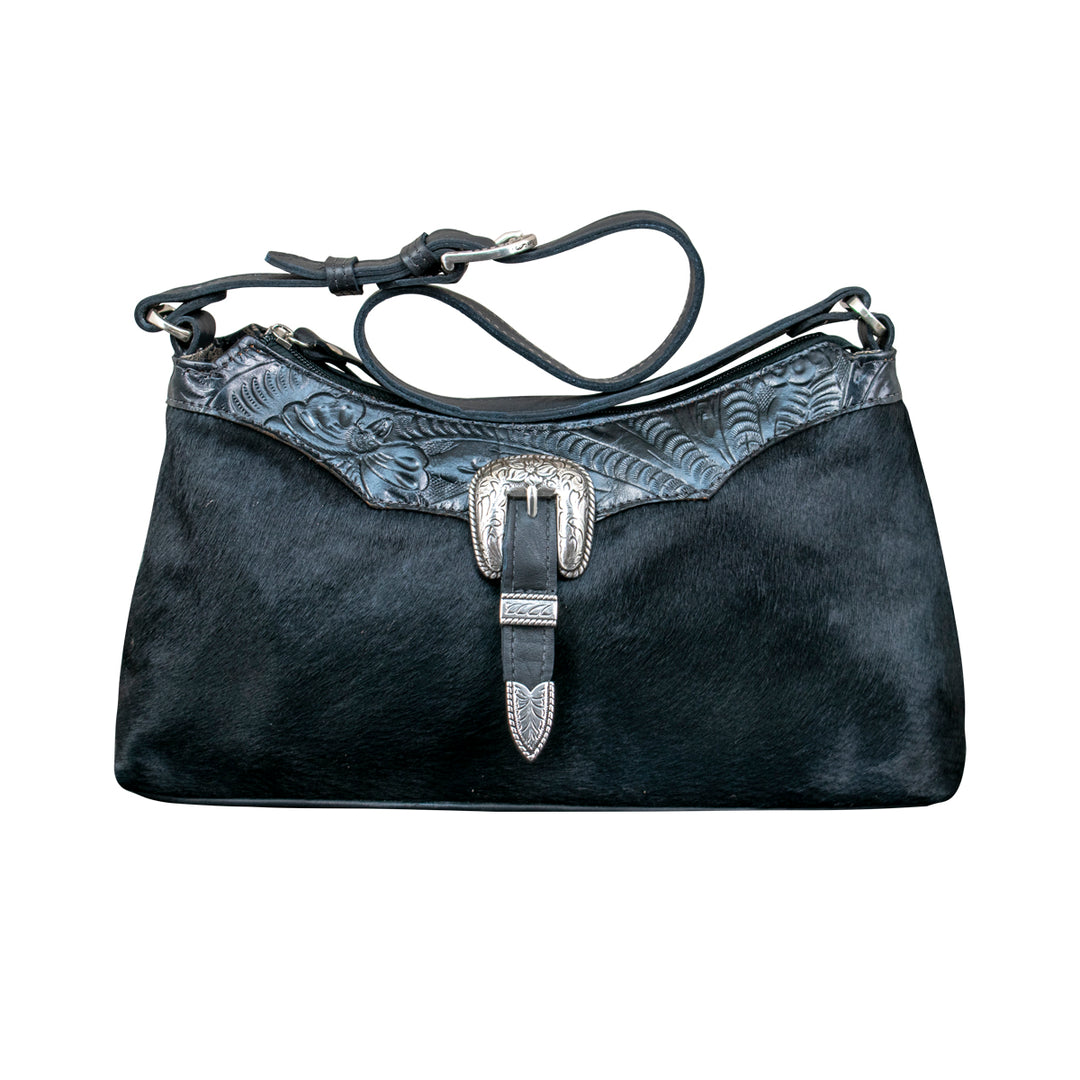 American West handbag purse described as Cowtown Zip-Top Shoulder Bag Black Hair-On