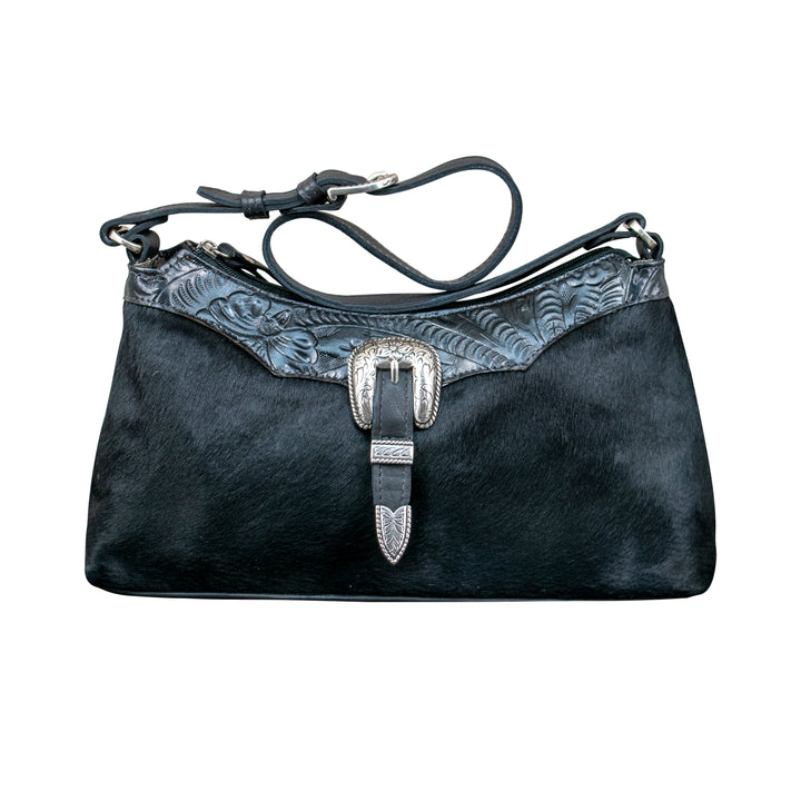 American West handbag purse described as Cowtown Zip-Top Shoulder Bag Black Hair-On