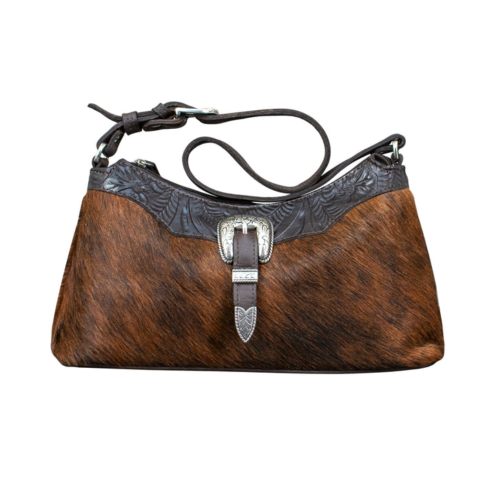 American West handbag purse described as Cowtown Zip-Top Shoulder Bag Brindle Hair-On