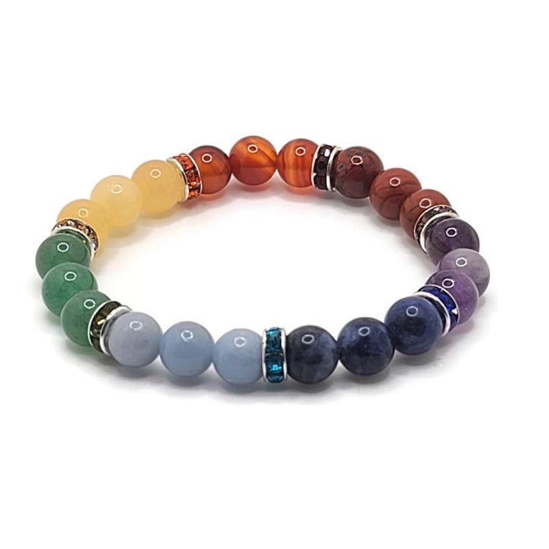 Thorn Ridge Chakra bracelet with elastic, round spacers and three 8mm round gemstones that represent each of the seven chakras.