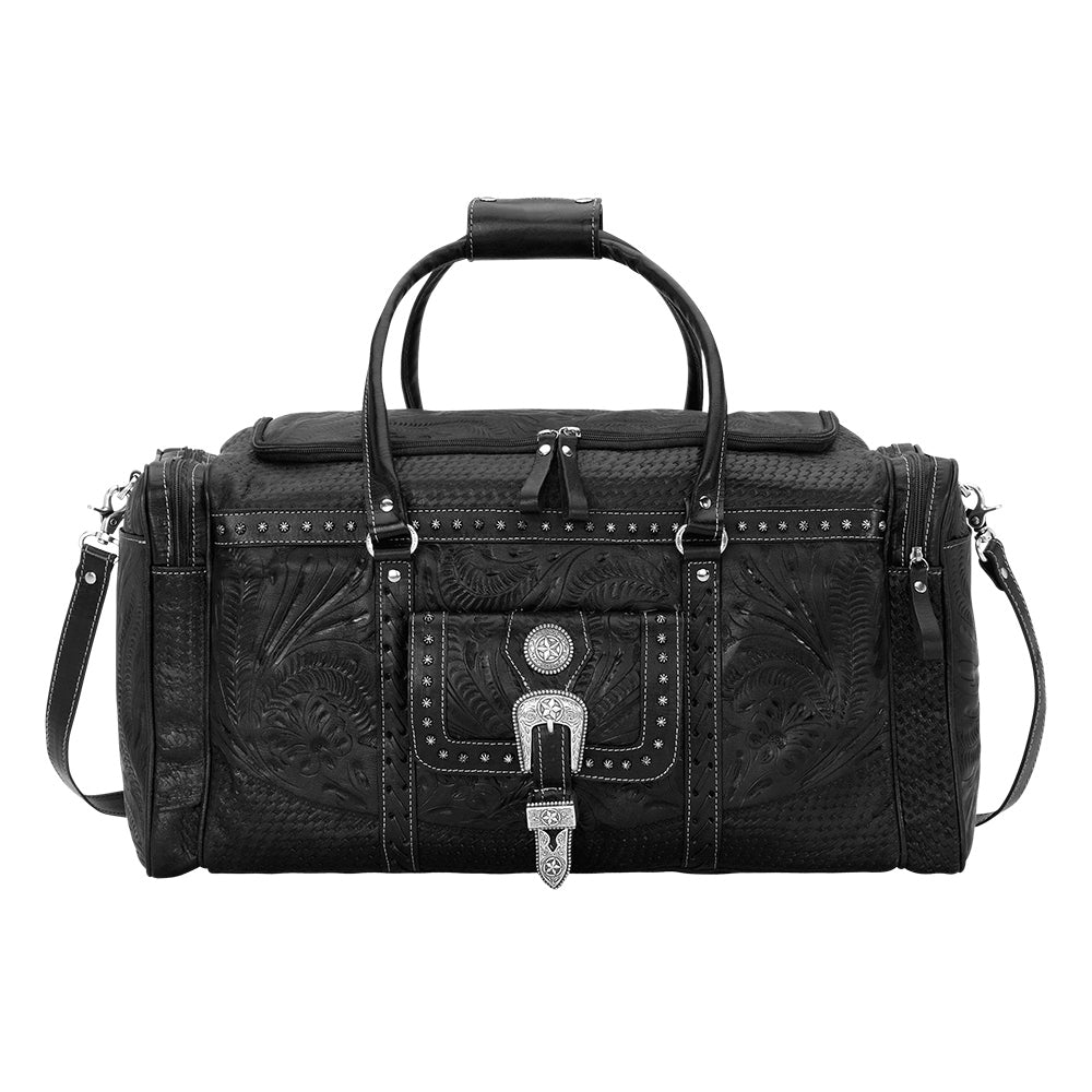 Retro Romance Zip Around Rodeo Bag With Front Pouch And Side Zipper Pockets Black Tooled