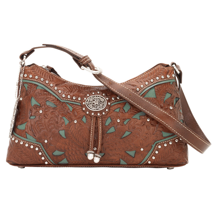 Lady Lace Zip-Top Shoulder Bag Antique Brown Marine Turquoise