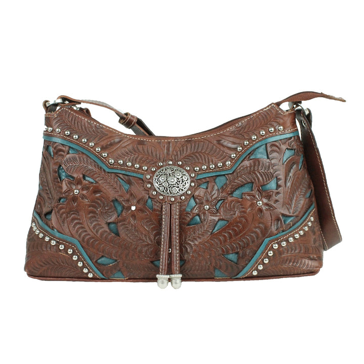 Lady Lace Zip-Top Shoulder Bag Chestnut Brown Dark Turquoise