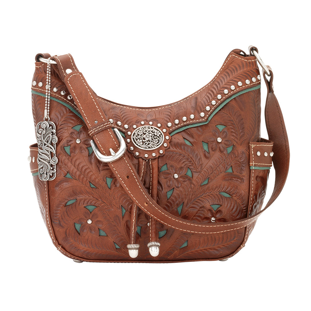 Lady Lace Zip-Top Everyday Hobo With Side Pockets Antique Brown Marine Turquoise