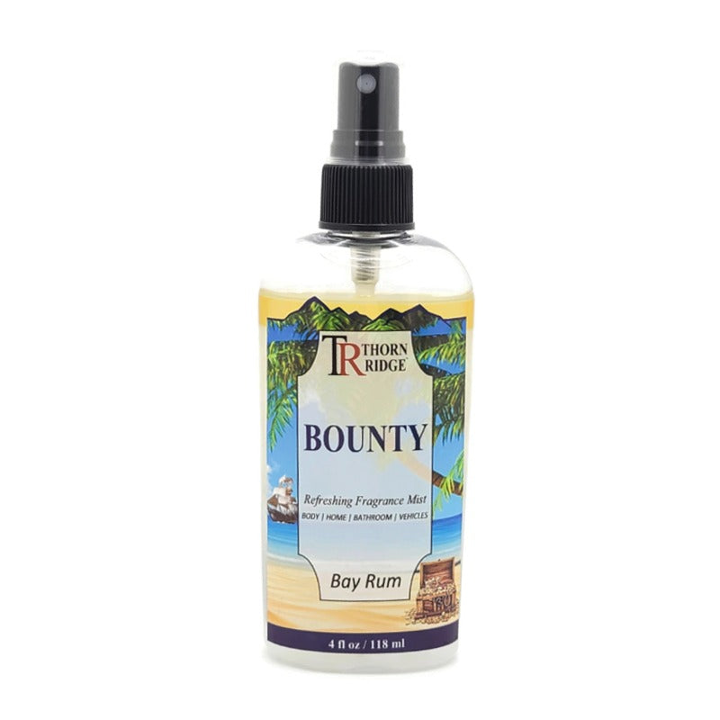 A bottle of Thorn Ridge fragrance mist labeled "Bounty," described as a bay rum scent for body, home, bathroom, and vehicles. 4 fl oz.