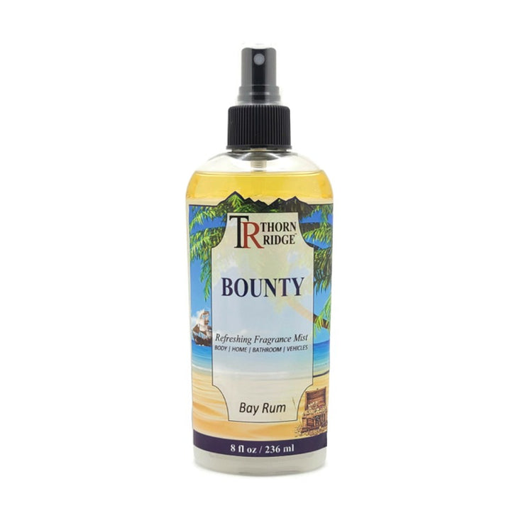 A bottle of Thorn Ridge fragrance mist labeled "Bounty," described as a bay rum scent for body, home, bathroom, and vehicles. 8 fl oz.