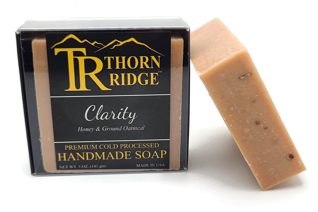 Packaging of Thorn Ridge soap labeled "Clarity," described as honey and ground oatmeal, premium cold processed, handmade, 5 oz. Made in USA.