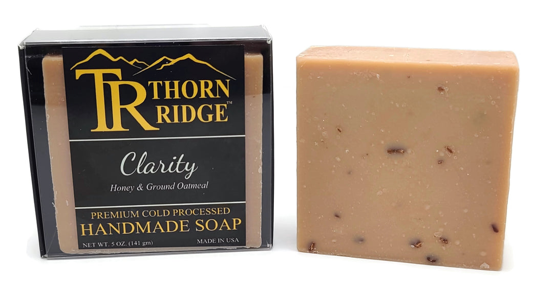 Packaging of Thorn Ridge soap labeled "Clarity," described as honey and ground oatmeal, premium cold processed, handmade, 5 oz. Made in USA.