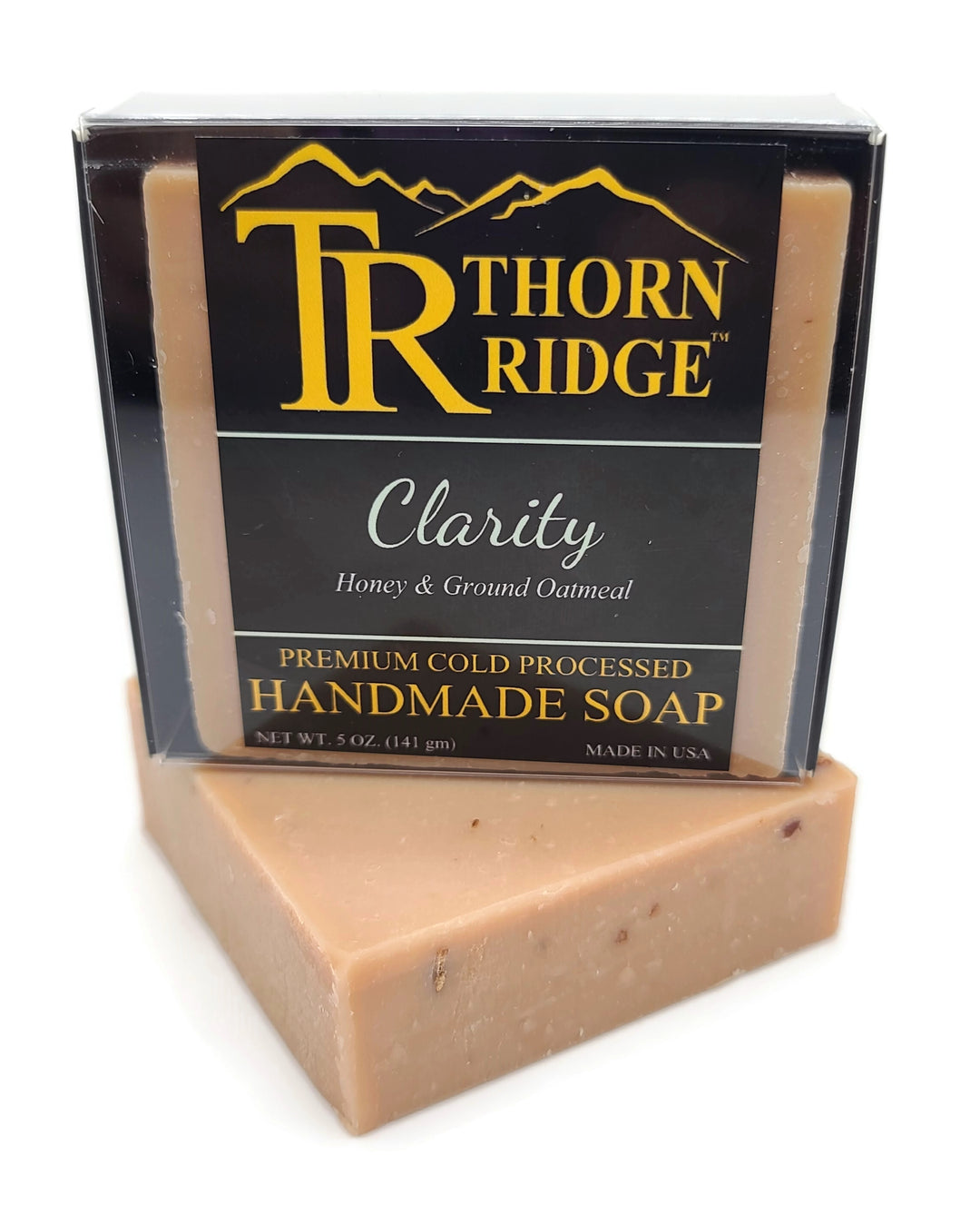 Packaging of Thorn Ridge soap labeled "Clarity," described as honey and ground oatmeal, premium cold processed, handmade, 5 oz. Made in USA.