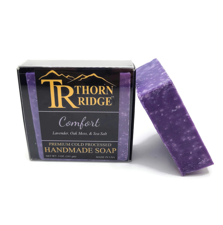 Packaging of Thorn Ridge soap labeled "Comfort," described as lavender, oak moss, sea salt, premium cold processed, handmade, 5 oz. Made in USA.