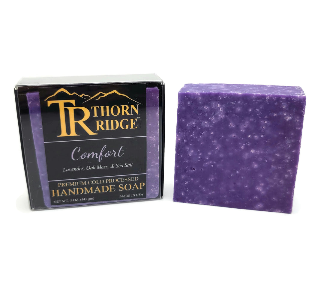 Packaging of Thorn Ridge soap labeled "Comfort," described as lavender, oak moss, sea salt, premium cold processed, handmade, 5 oz. Made in USA.