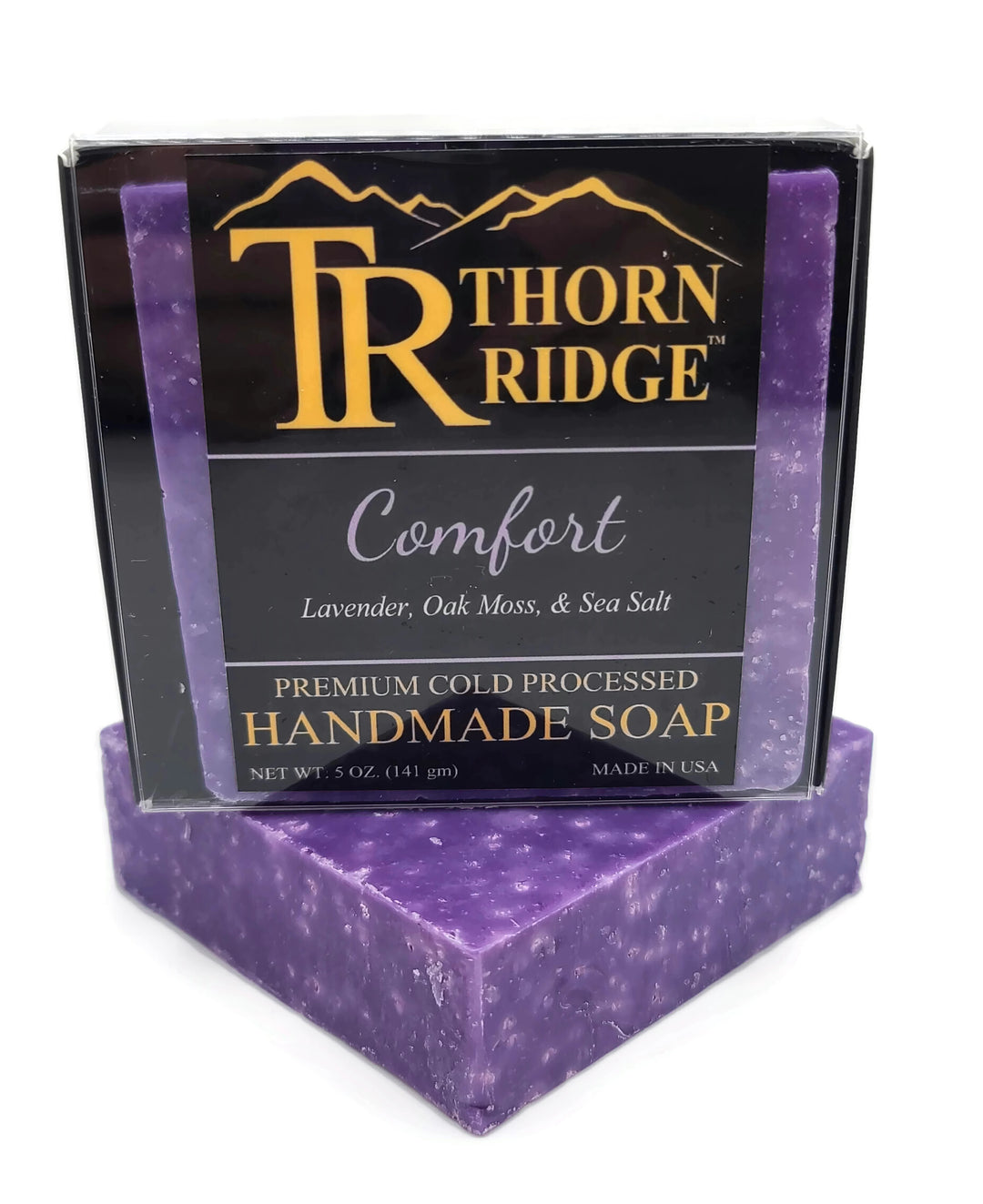 Packaging of Thorn Ridge soap labeled "Comfort," described as lavender, oak moss, sea salt, premium cold processed, handmade, 5 oz. Made in USA.