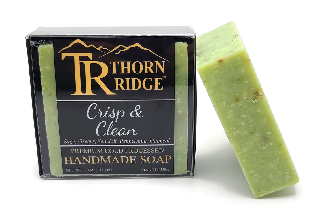 Packaging of Thorn Ridge soap labeled "Crisp and Clean," described as sage, greens, sea salt, peppermint, oatmeal, premium cold processed, handmade, 5 oz. Made in USA.