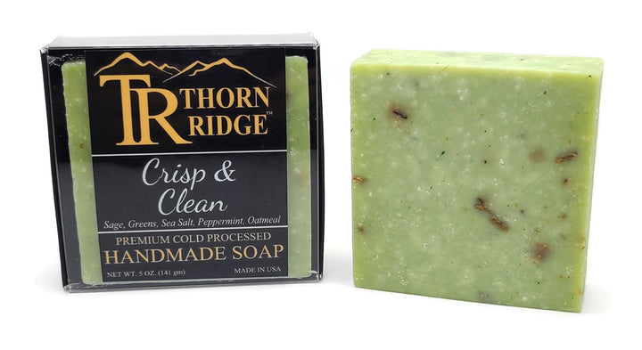 Packaging of Thorn Ridge soap labeled "Crisp and Clean," described as sage, greens, sea salt, peppermint, oatmeal, premium cold processed, handmade, 5 oz. Made in USA.