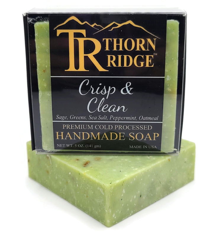 Packaging of Thorn Ridge soap labeled "Crisp and Clean," described as sage, greens, sea salt, peppermint, oatmeal, premium cold processed, handmade, 5 oz. Made in USA.