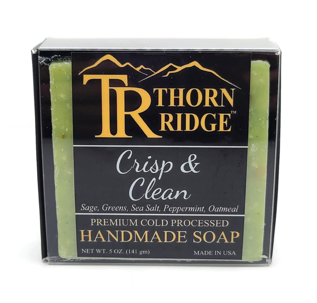 Packaging of Thorn Ridge soap labeled "Crisp and Clean," described as sage, greens, sea salt, peppermint, oatmeal, premium cold processed, handmade, 5 oz. Made in USA.