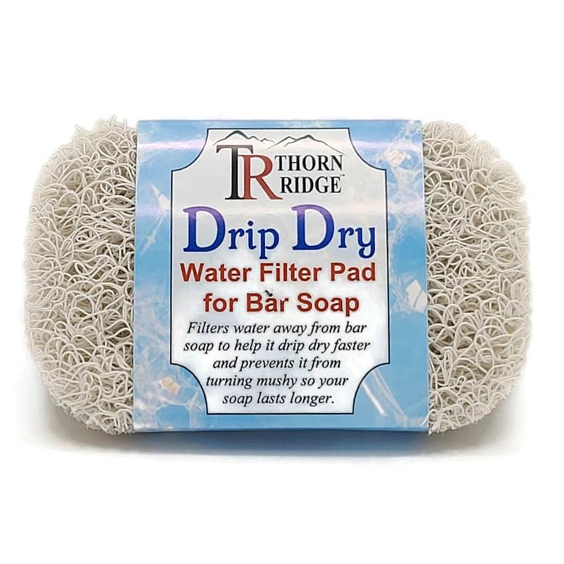 Thorn Ridge Drip Dry white water filter  pad for bar soap descibed as filters water away from bar soap to help it drip dry faster and prevents it from turning mush so your soap lasts longer. - 2 Pack