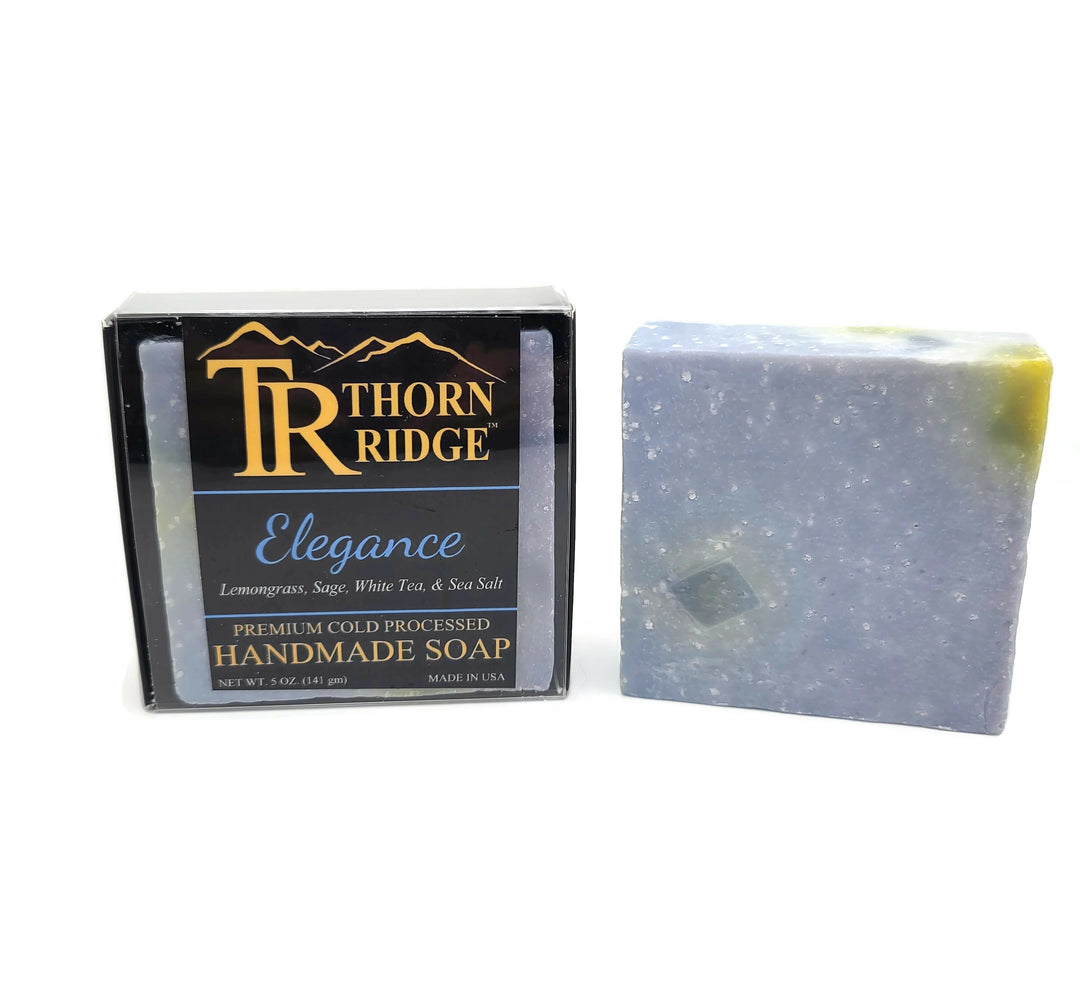 Packaging of Thorn Ridge soap labeled "Elegance," described as lemongrass, sage, white tea, sea salt, premium cold processed, handmade, 5 oz. Made in USA.