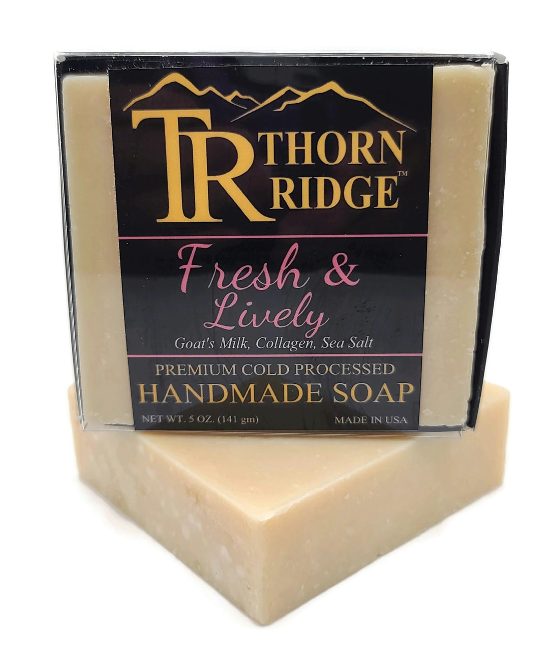 Packaging of Thorn Ridge soap labeled "Fresh and Lively" described as goat's milk, collagen, sea salt, premium cold processed, handmade, 5 oz. Made in USA.