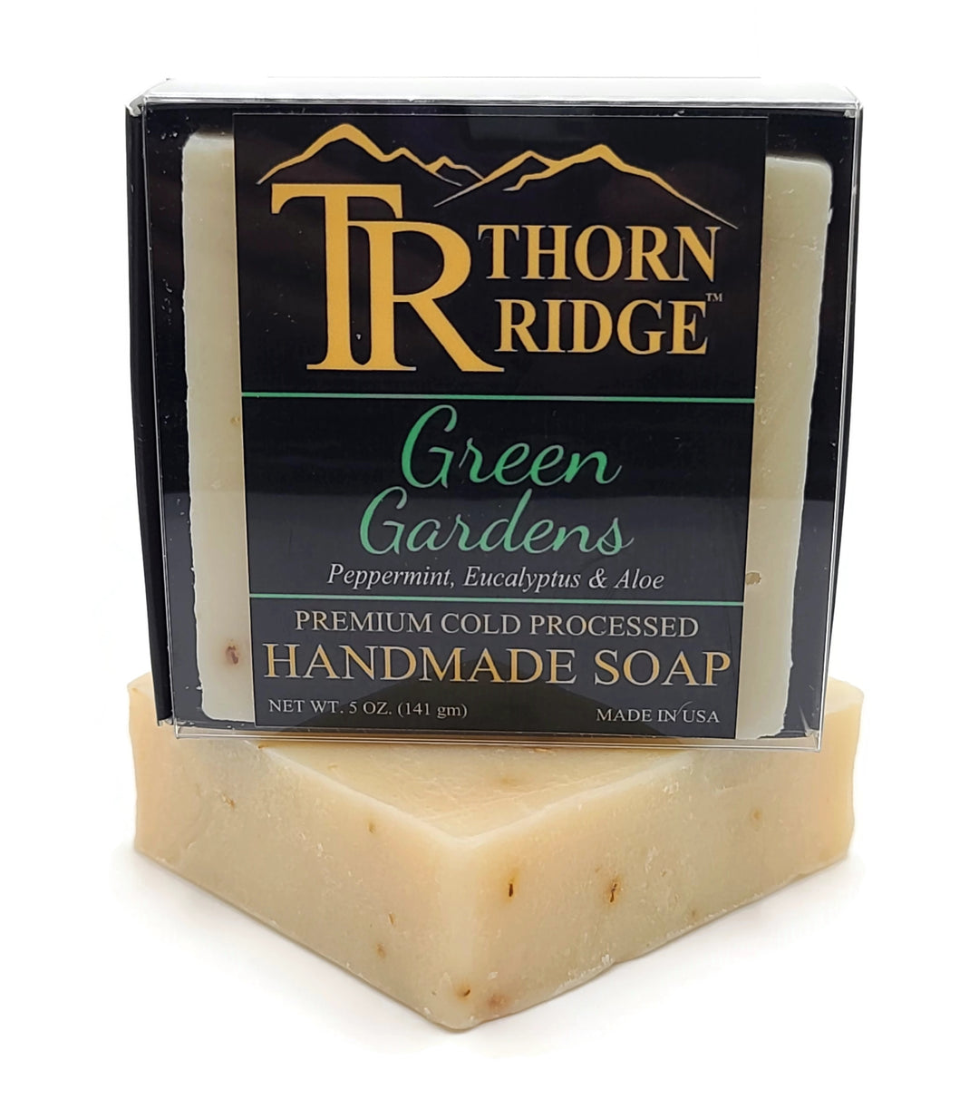 Packaging of Thorn Ridge soap labeled "Green Gardens," described as peppermint, eucalyptus, aloe, premium cold processed, handmade, 5 oz. Made in USA.