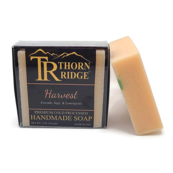 Packaging of Thorn Ridge soap labeled "Harvest," described as avocado, sage, lemongrass, premium cold processed, handmade, 5 oz. Made in USA.