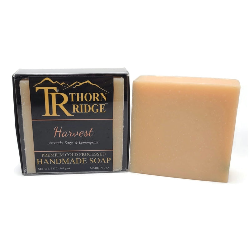 Packaging of Thorn Ridge soap labeled "Harvest," described as avocado, sage, lemongrass, premium cold processed, handmade, 5 oz. Made in USA.