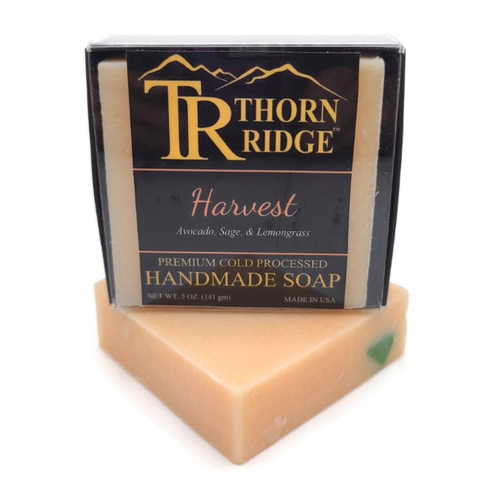 Packaging of Thorn Ridge soap labeled "Harvest," described as avocado, sage, lemongrass, premium cold processed, handmade, 5 oz. Made in USA.